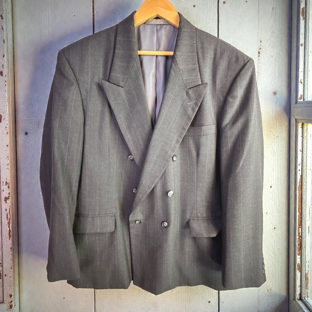 Vintage Double Breasted Blazer 48L Wide Lapel Peak Gray Pinstripe Tailored Mob